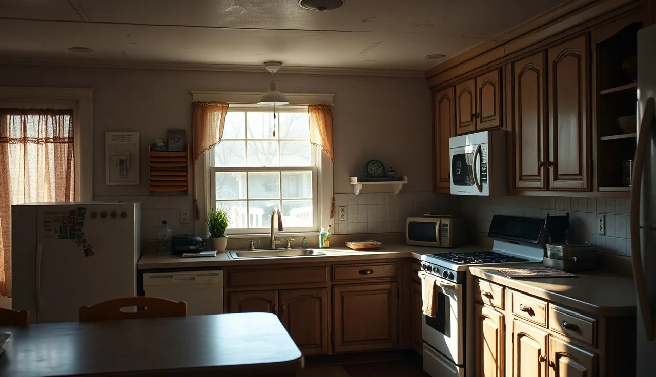 Dated kitchen interior showing worn countertops and aging appliances in average condition home