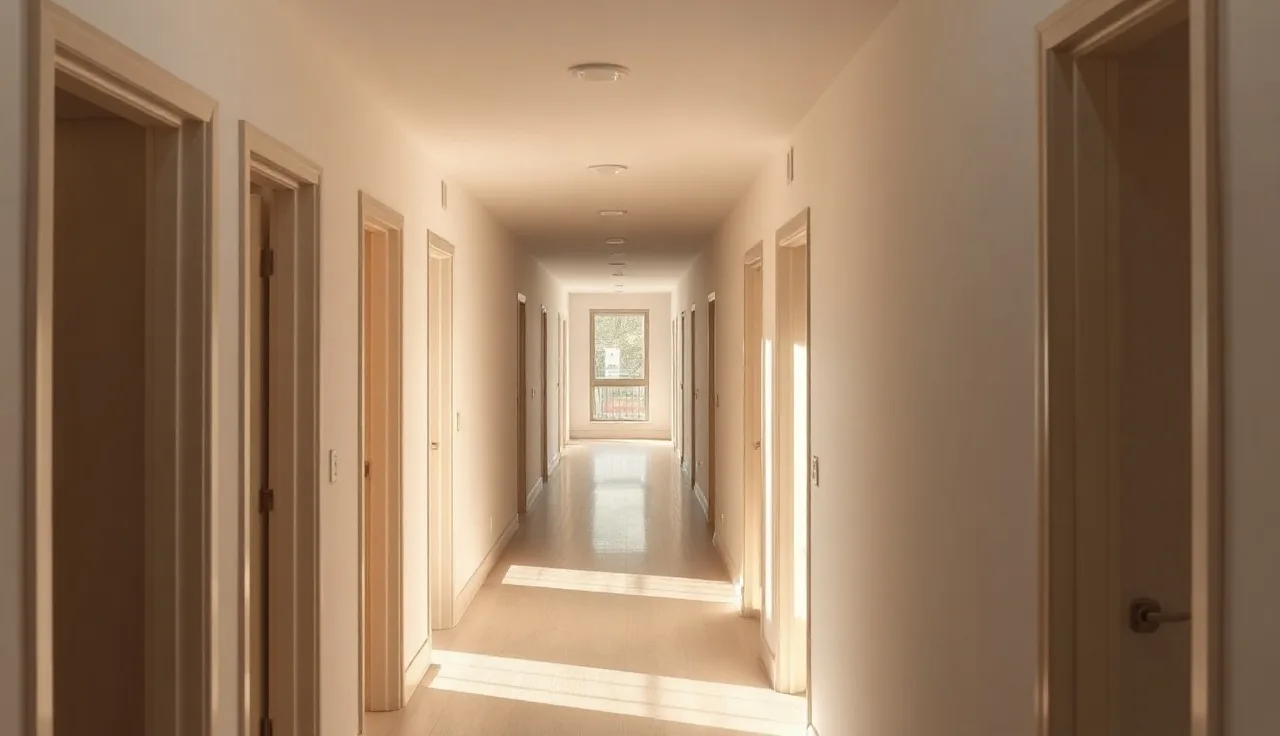 Sunlit hallway with multiple identical condo unit doors in a mid-rise building