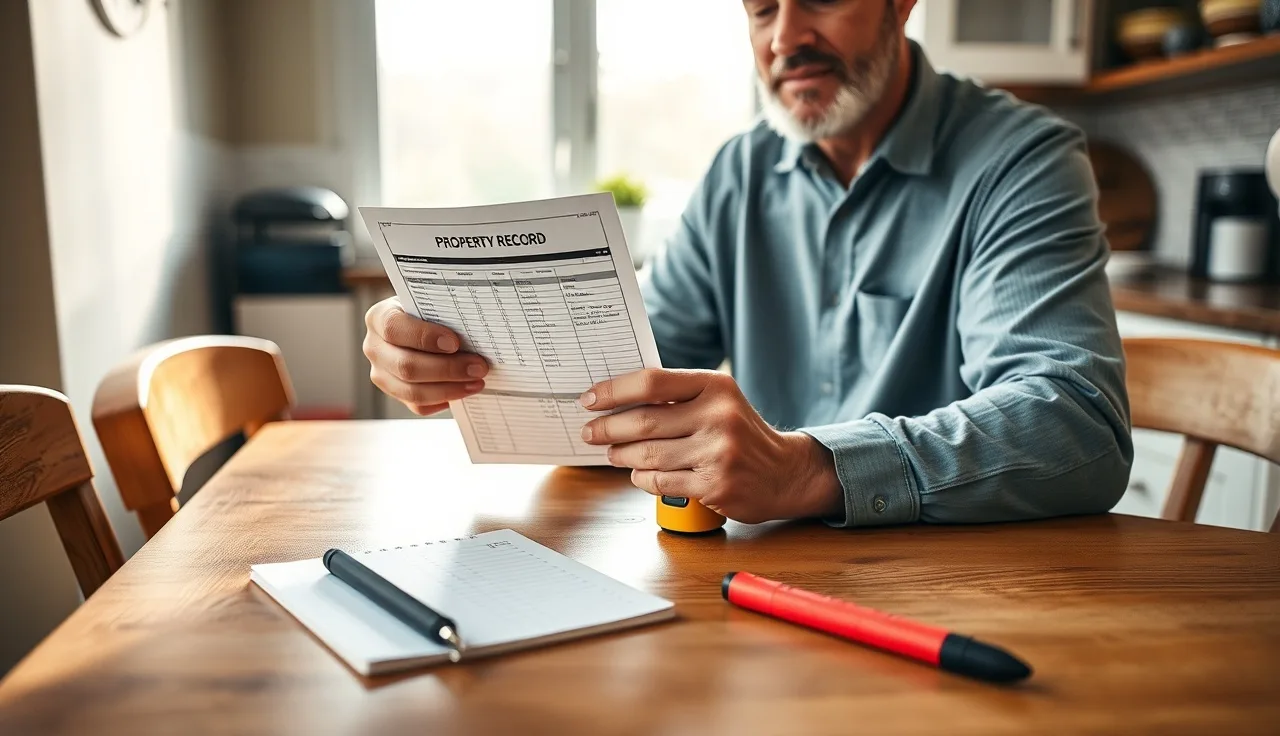 Homeowner reviewing property record card with laser measuring tool at kitchen table