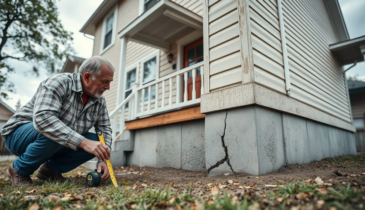 Homeowner measuring a foundation crack on a house exterior for tax appeal documentation