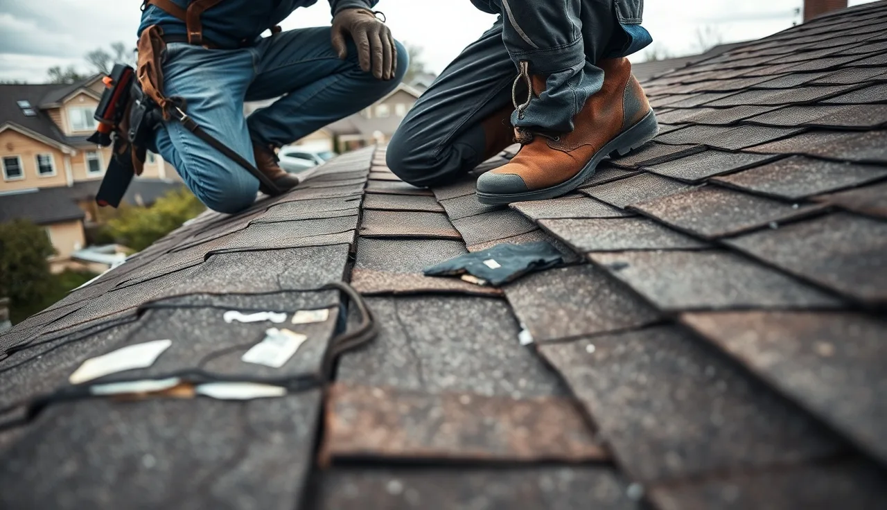 Contractor examining cracked shingles on a neglected residential roof during an inspection