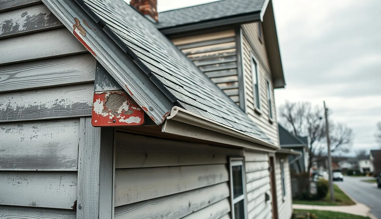 Weathered house exterior with curling roof shingles showing deferred maintenance condition