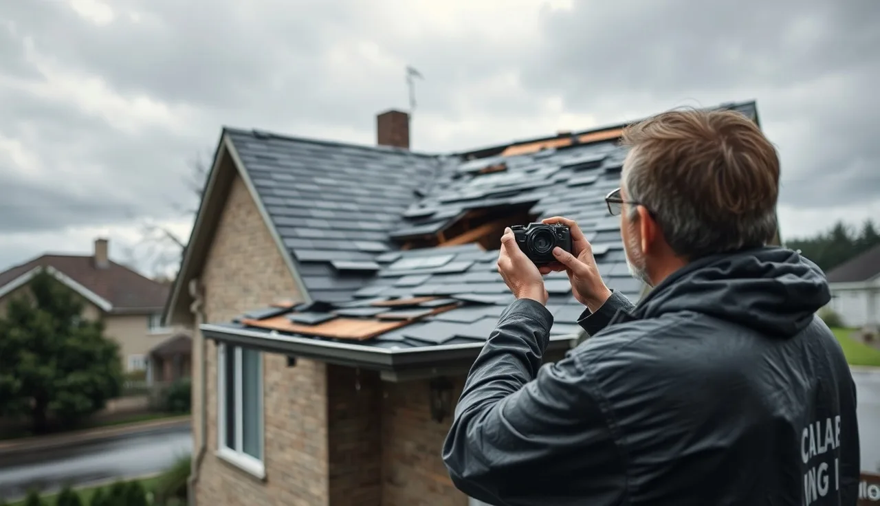 Homeowner photographing storm-damaged roof with missing shingles for tax claim documentation