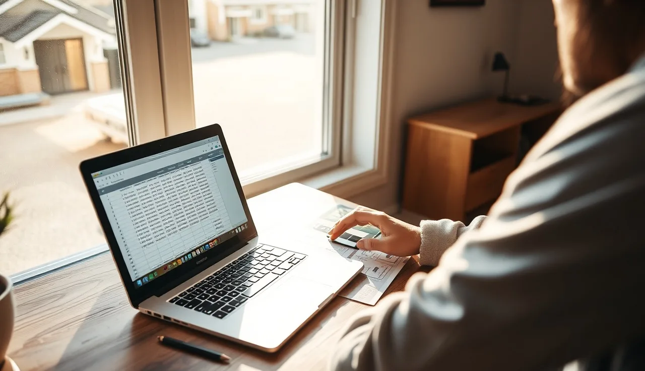 Person reviewing property assessment spreadsheet data on laptop at home desk