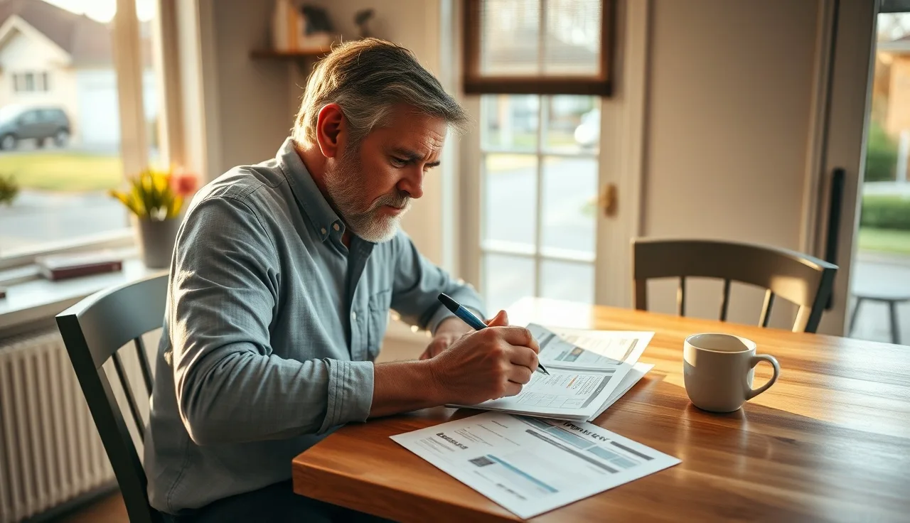 Homeowner reviewing printed property comparable sales records at kitchen table