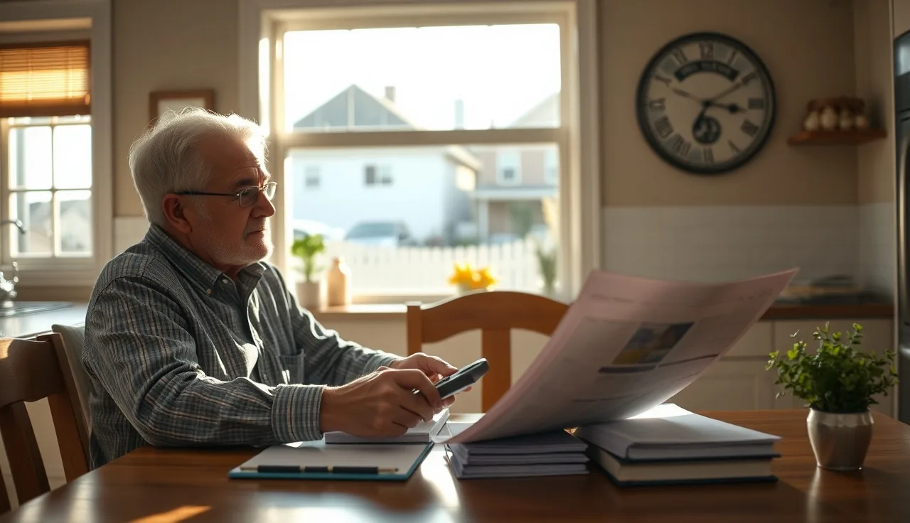Homeowner reviewing property assessment records at kitchen table with calculator