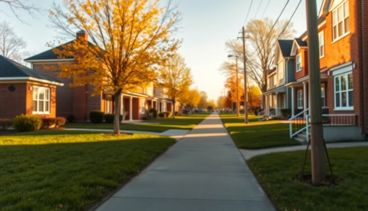 Quiet residential street in autumn light showing comparable houses for property tax research