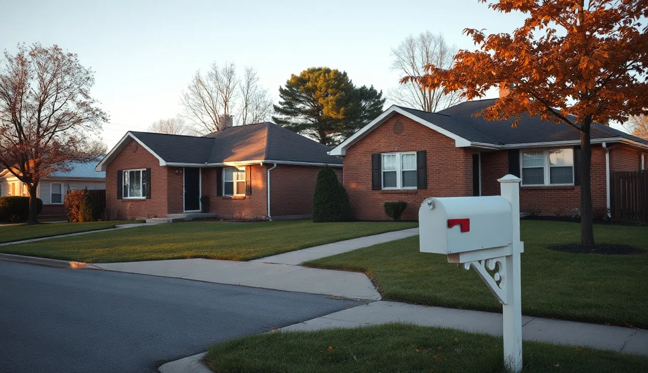 Two similar suburban homes side by side on a residential street in autumn light