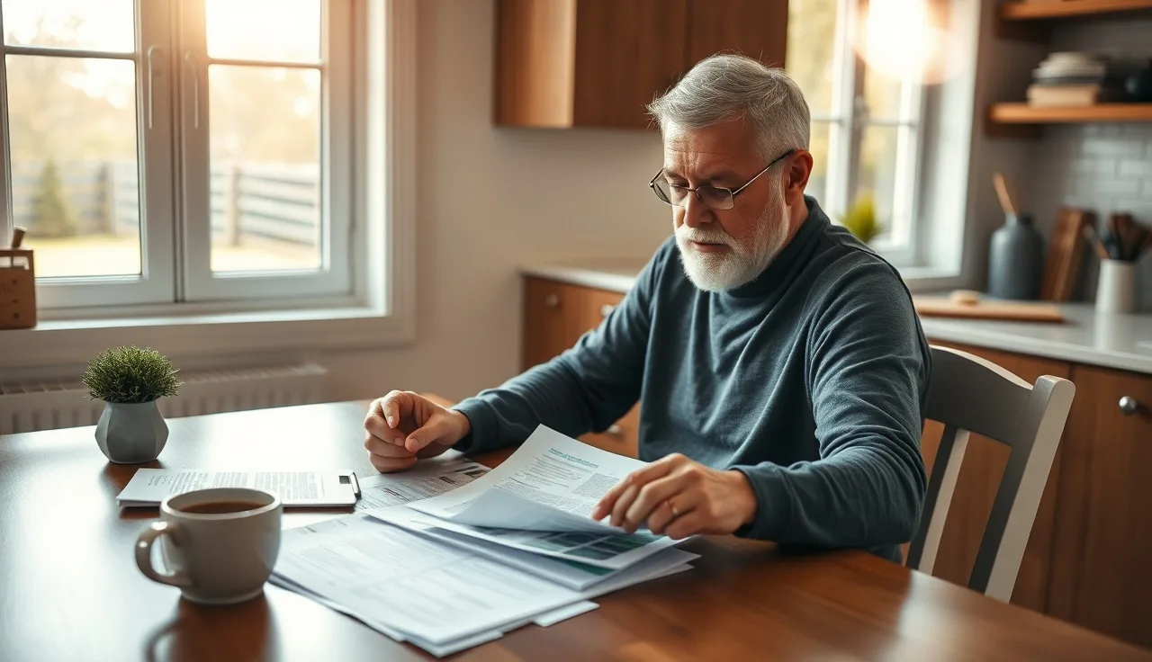 Homeowner reviewing property appraisal documents at a kitchen table for tax appeal