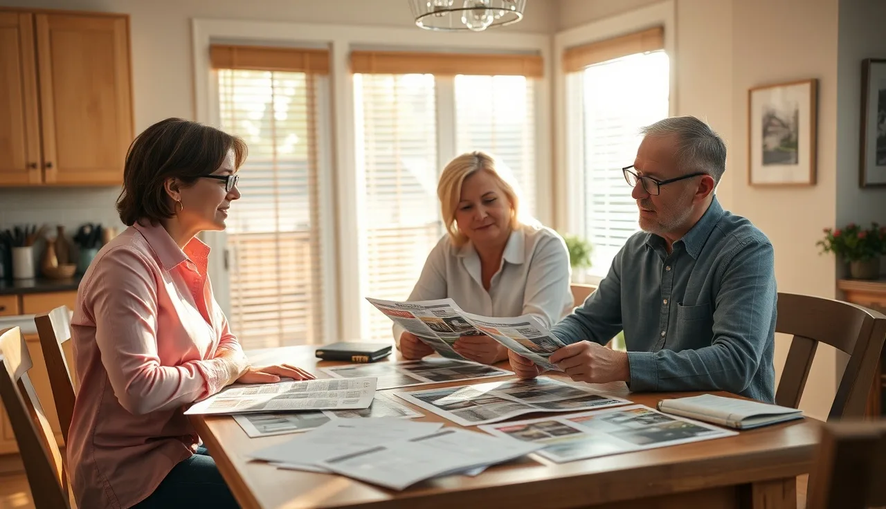 Homeowner and real estate agent reviewing comparable property sale printouts at kitchen table