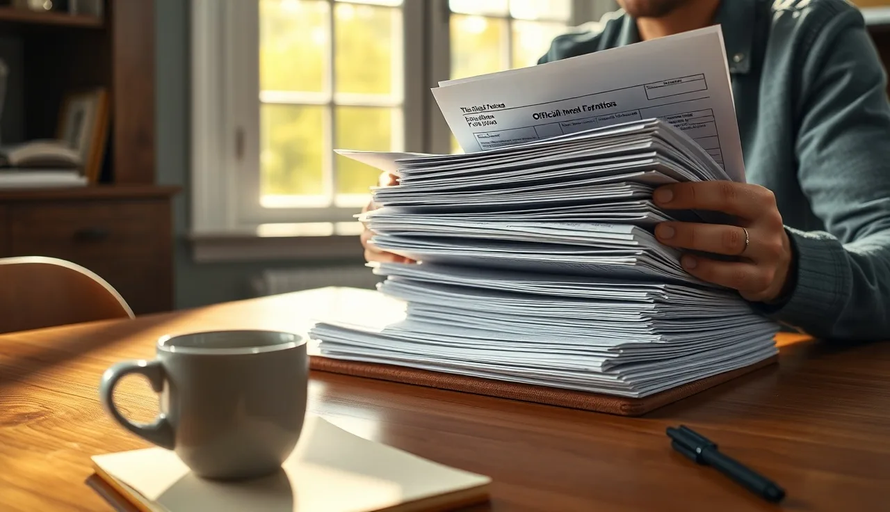 Person reviewing assessor income and expense documents at a kitchen table