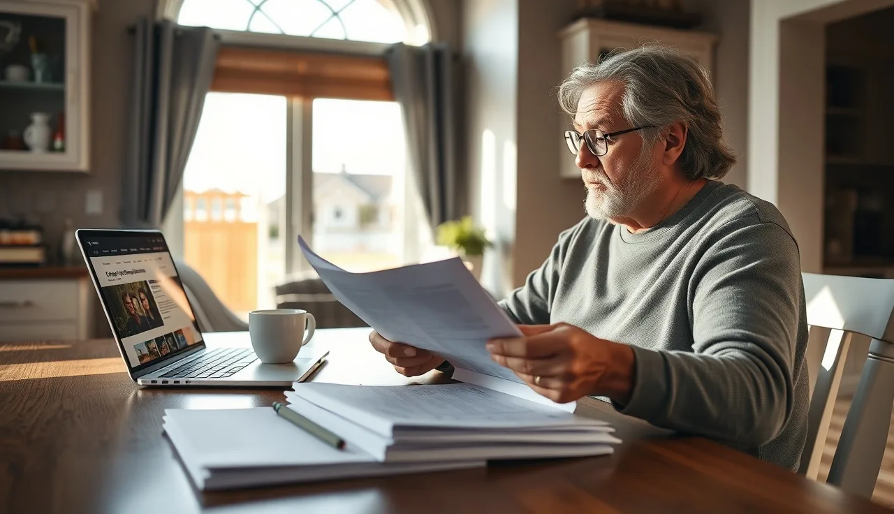 Homeowner reviewing property assessment papers at kitchen table with laptop open