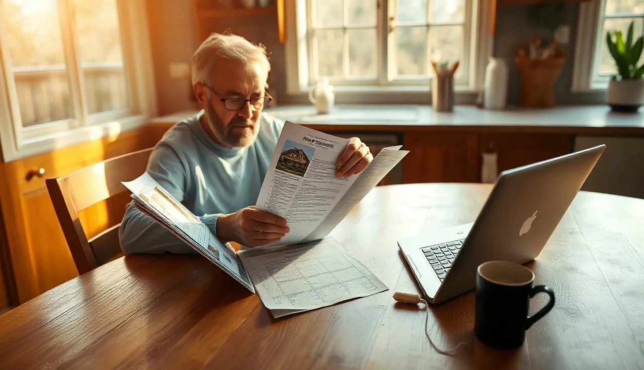 Homeowner reviewing printed property tax assessment records at kitchen table