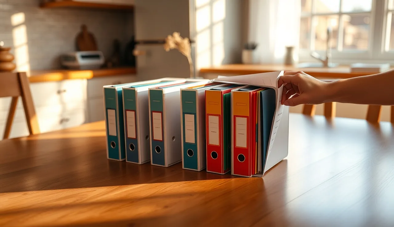 Three organized property tax appeal binders open on a kitchen table