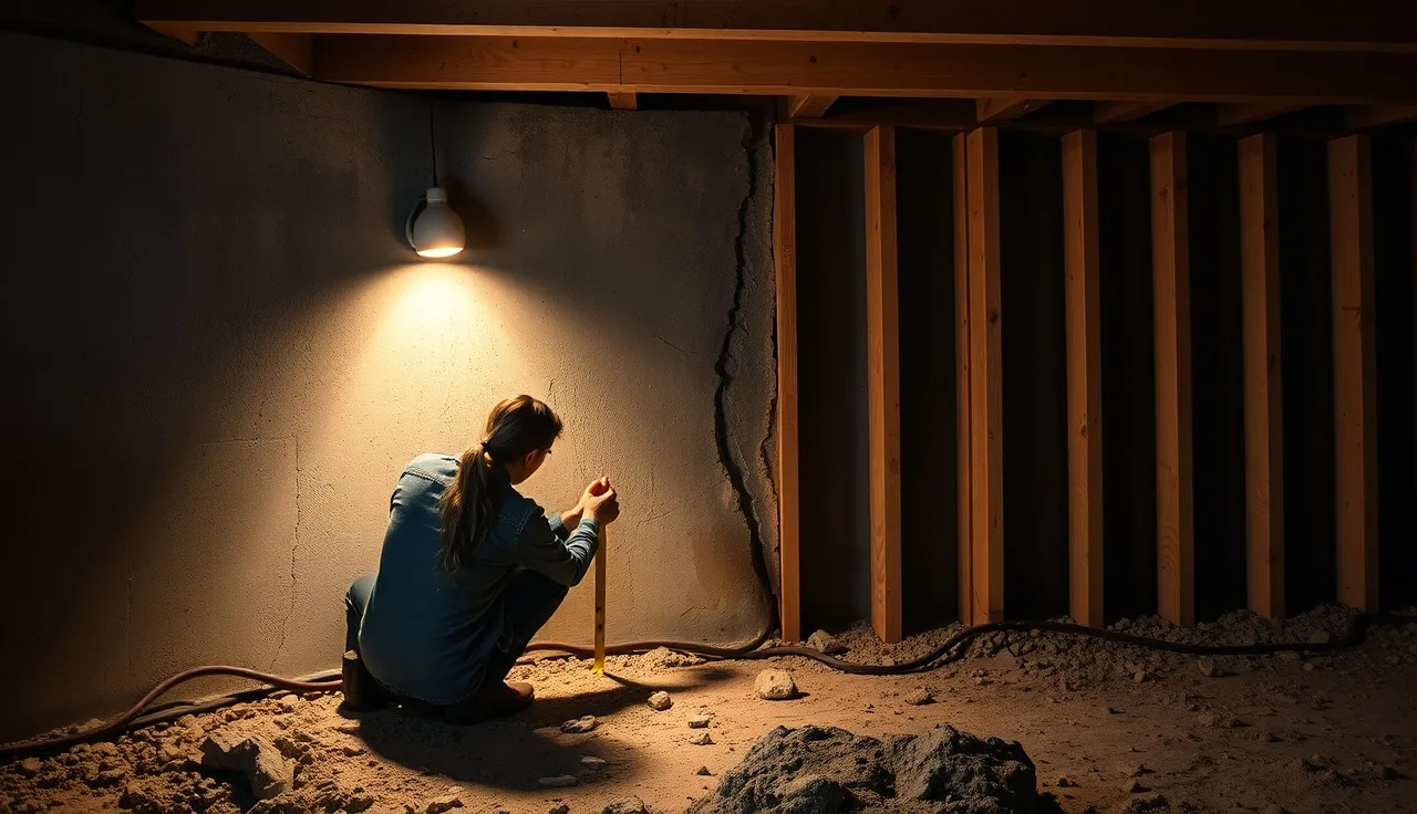 Homeowner measuring a foundation crack in an unfinished basement for property tax appeal photos