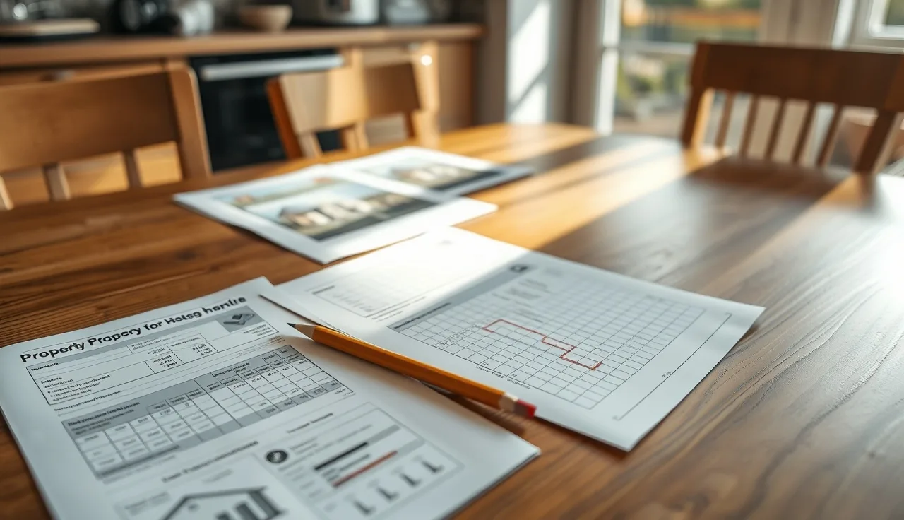 Printed property sales sheets and hand-drawn comparison grid on a kitchen table