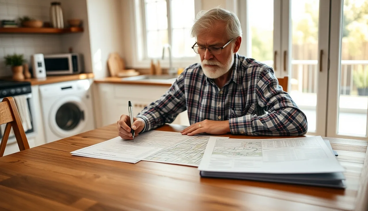 Homeowner organizing property tax appeal documents at kitchen table before hearing