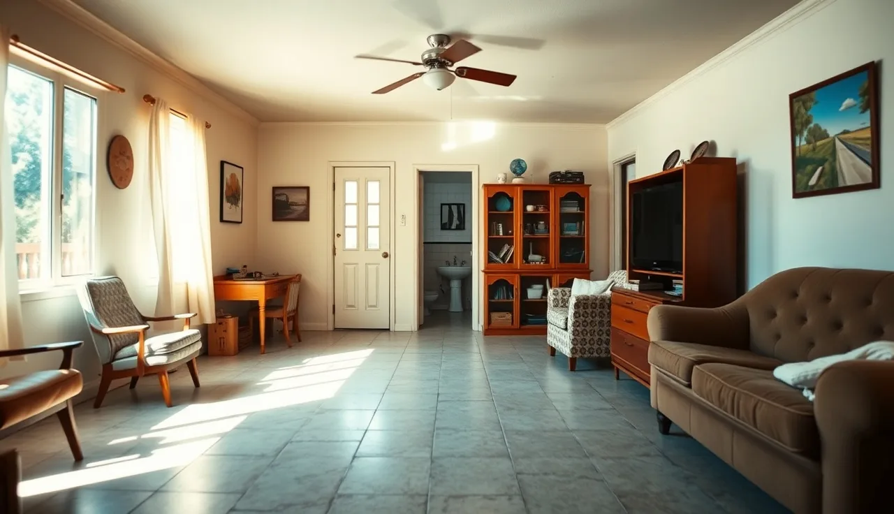 Narrow hallway in an aging ranch home showing low ceiling and single bathroom door