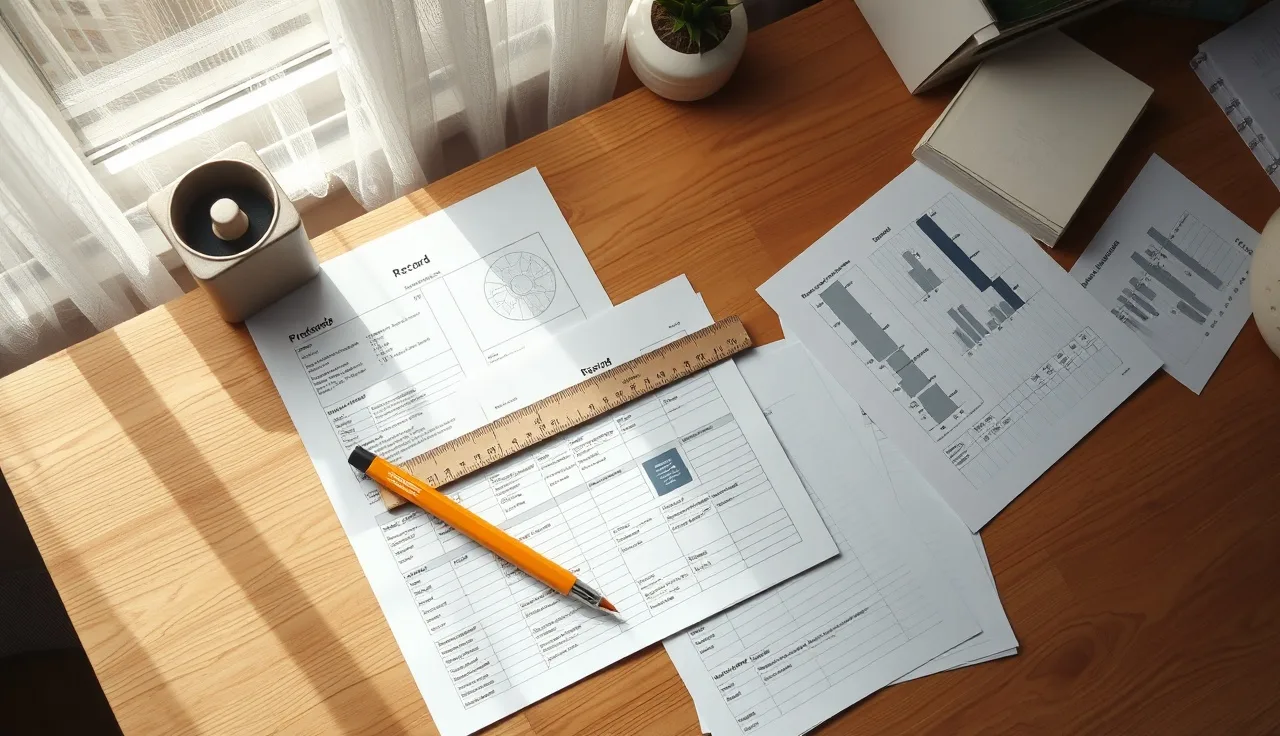 Overhead view of printed property record sheets spread on a desk for a tax appeal