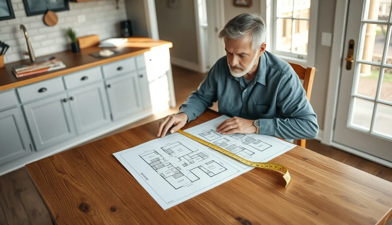 Homeowner reviewing printed property floor plan sketches with a tape measure on a kitchen table