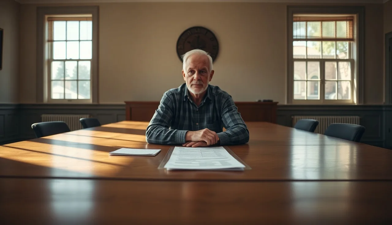 Homeowner at a county hearing table with printed comp documents during a property tax appeal