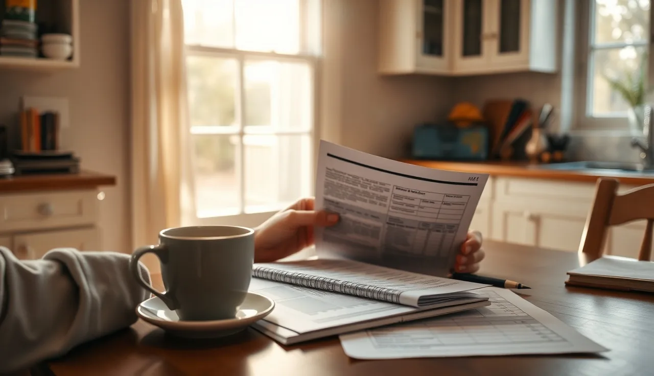 Homeowner reviewing property sales records and spreadsheet at kitchen table
