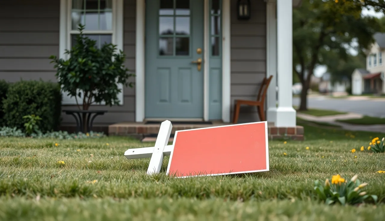 A removed for-sale sign lying on a front lawn of a home that failed to sell