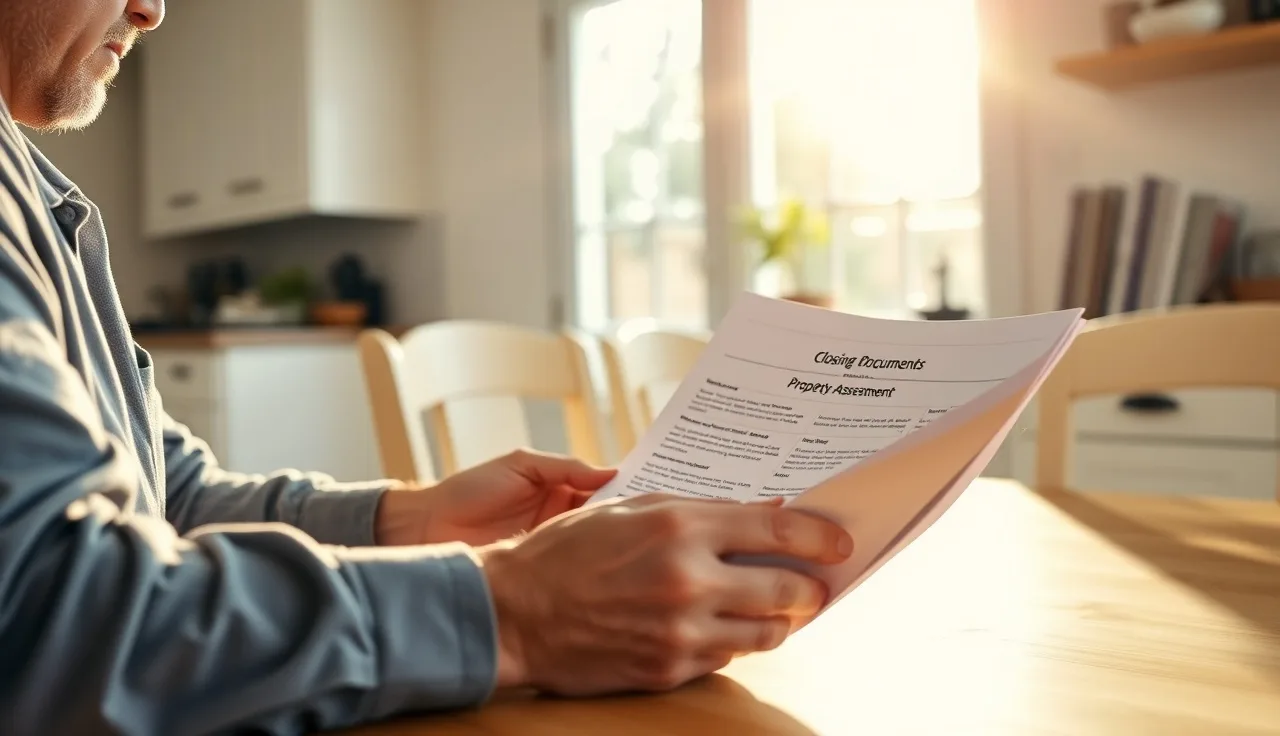 Homeowner reviewing closing documents and property tax assessment notice at kitchen table
