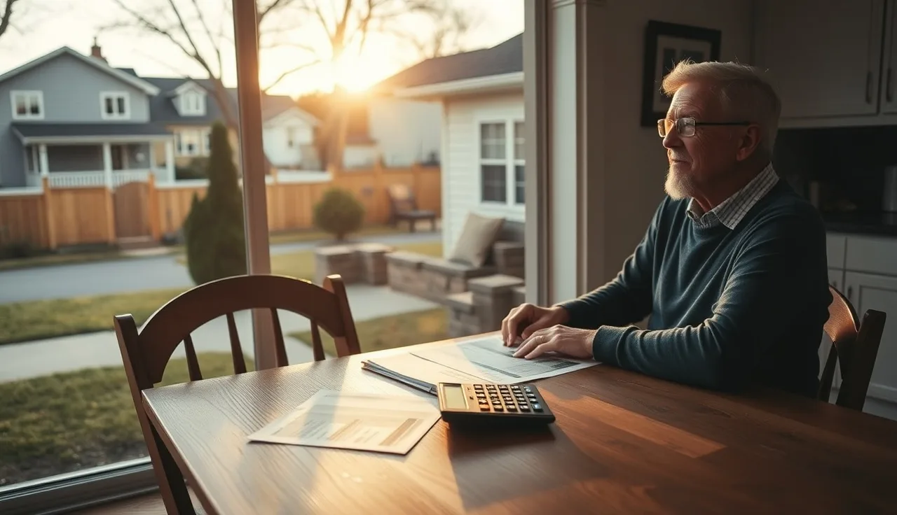 Homeowner reviewing property assessment records at kitchen table with calculator