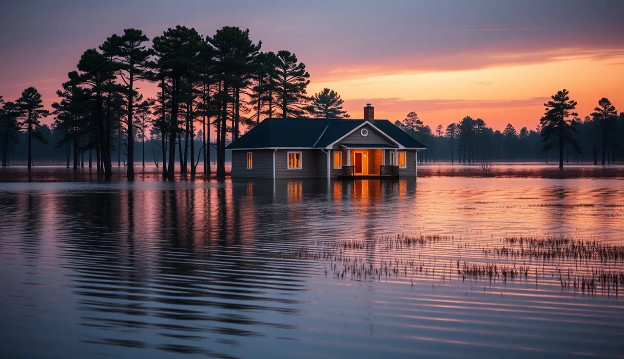 Suburban home surrounded by floodwater at dusk showing flood zone property risk