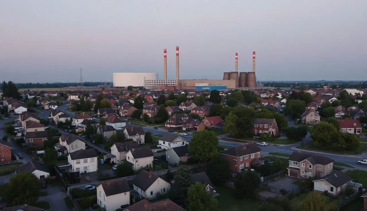 Suburban homes with industrial facility visible nearby at dusk, showing nuisance proximity