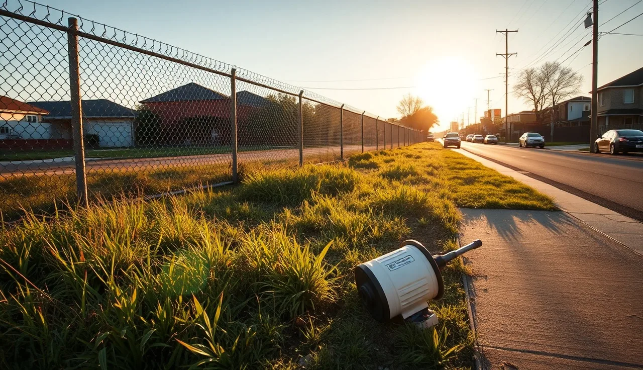 Vacant contaminated lot with sampling equipment beside residential neighborhood street