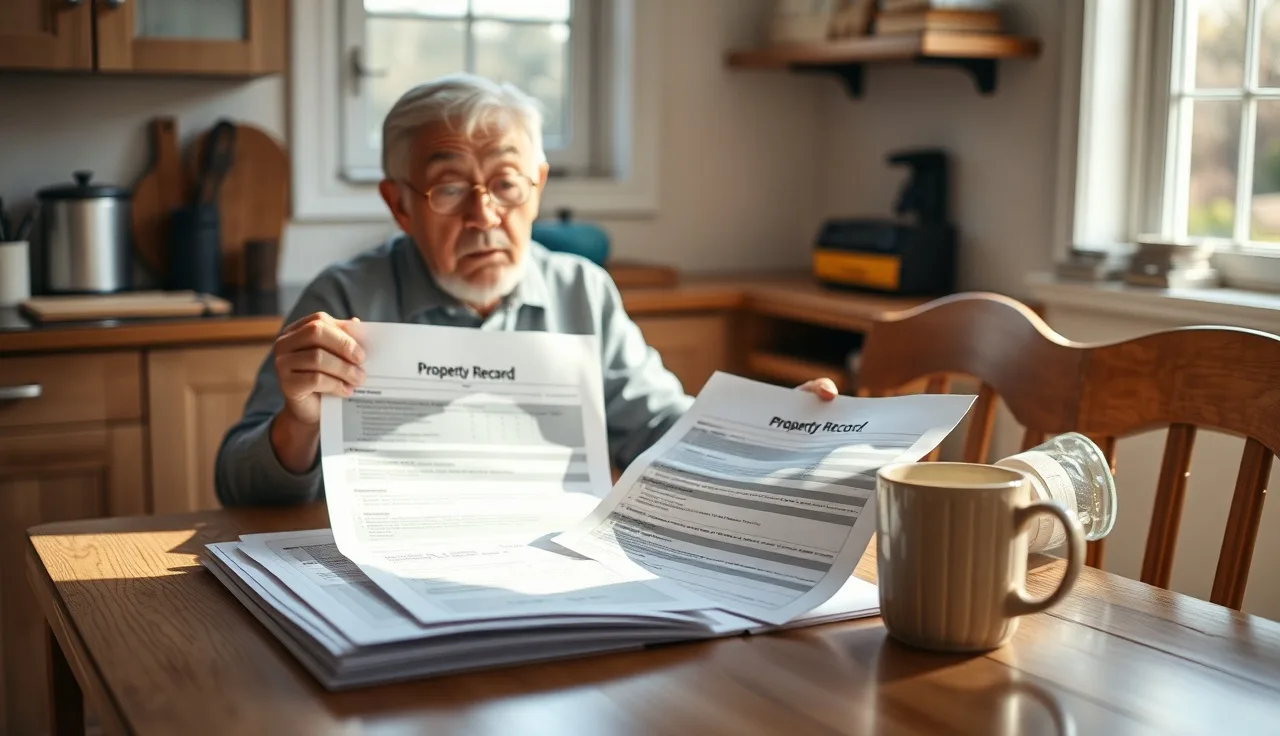 Homeowner comparing two property assessment records at kitchen table in morning light