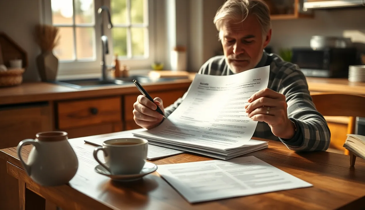Homeowner reviewing a printed property appraisal report at a kitchen table