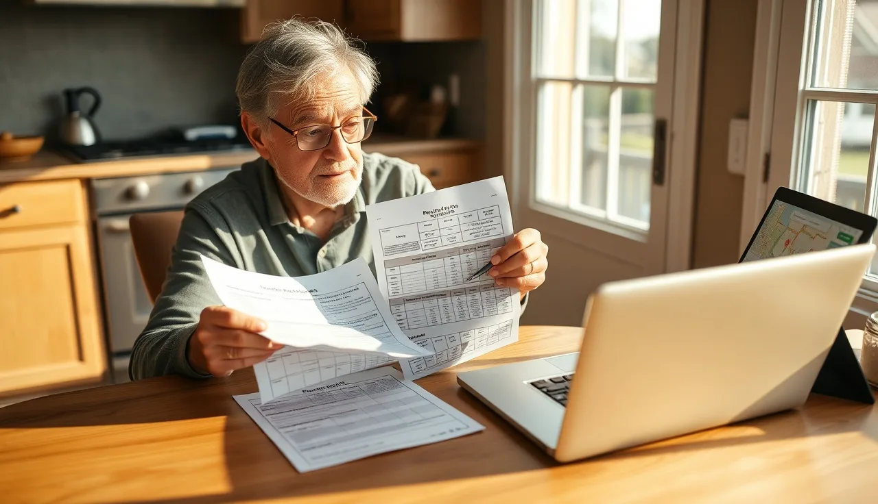 Homeowner reviewing printed property tax comp grid and map at kitchen table