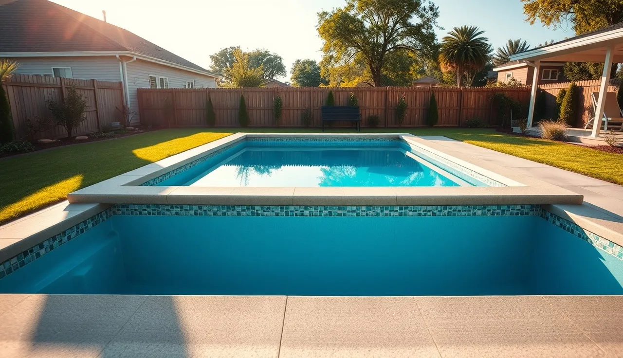 Empty in-ground backyard swimming pool on a sunny afternoon with concrete coping