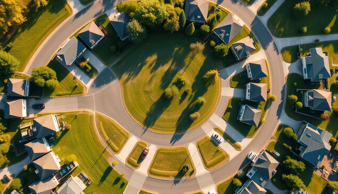 Aerial view of cul-de-sac showing pie-shaped irregular residential lots