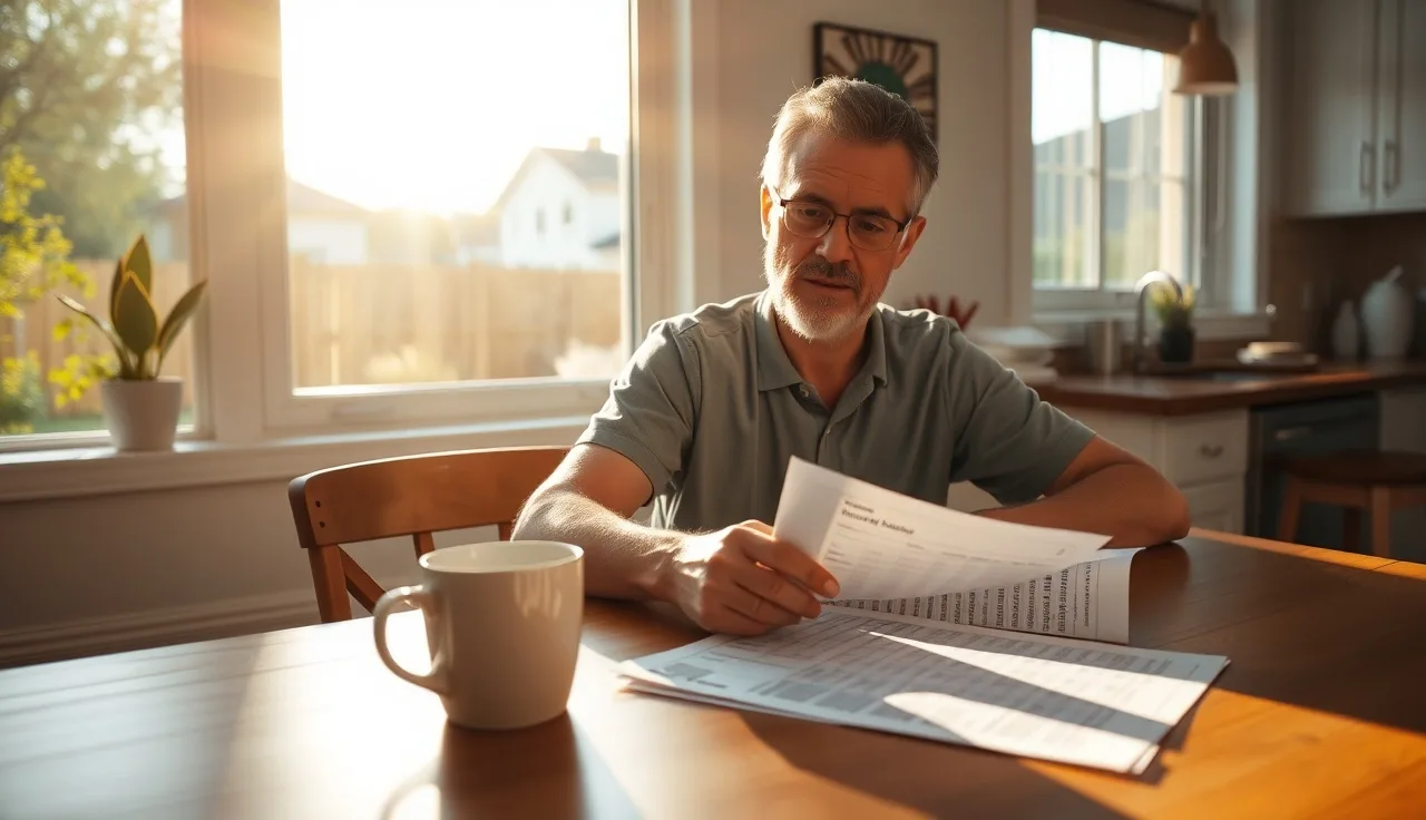 Homeowner reviewing property tax documents at kitchen table during appeal preparation