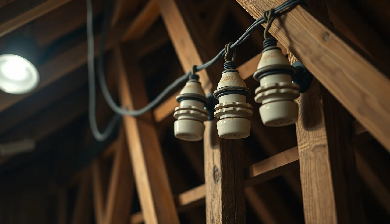 Ceramic knob and tube wiring insulators on old wooden attic framing