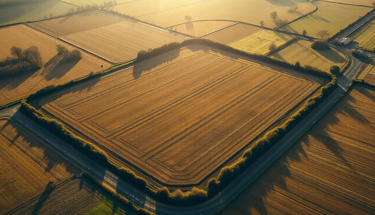 Aerial view of a landlocked agricultural parcel surrounded by neighboring fields with no road access