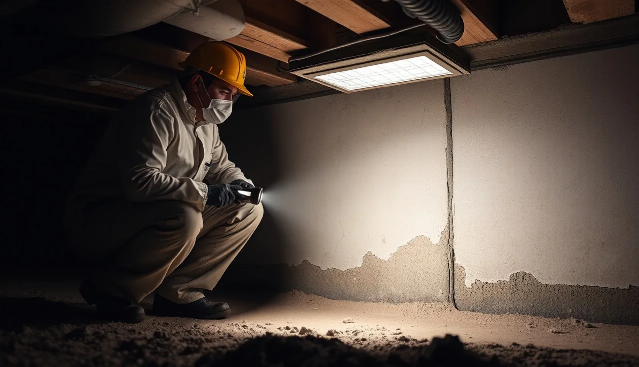 Inspector examining dark mold growth on basement foundation wall during property inspection