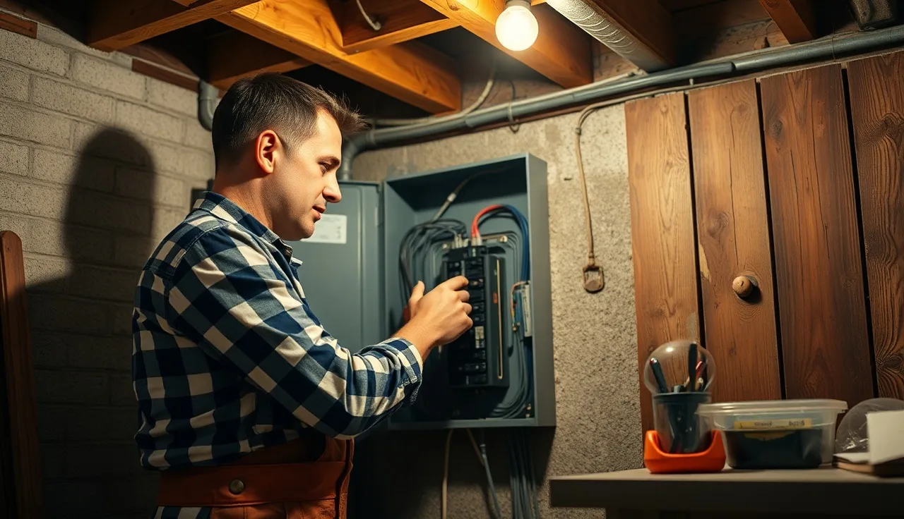 Electrician inspecting outdated fuse box panel in old home basement