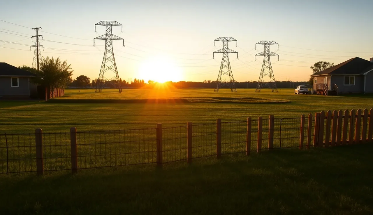 Steel transmission towers visible from a residential backyard at golden hour