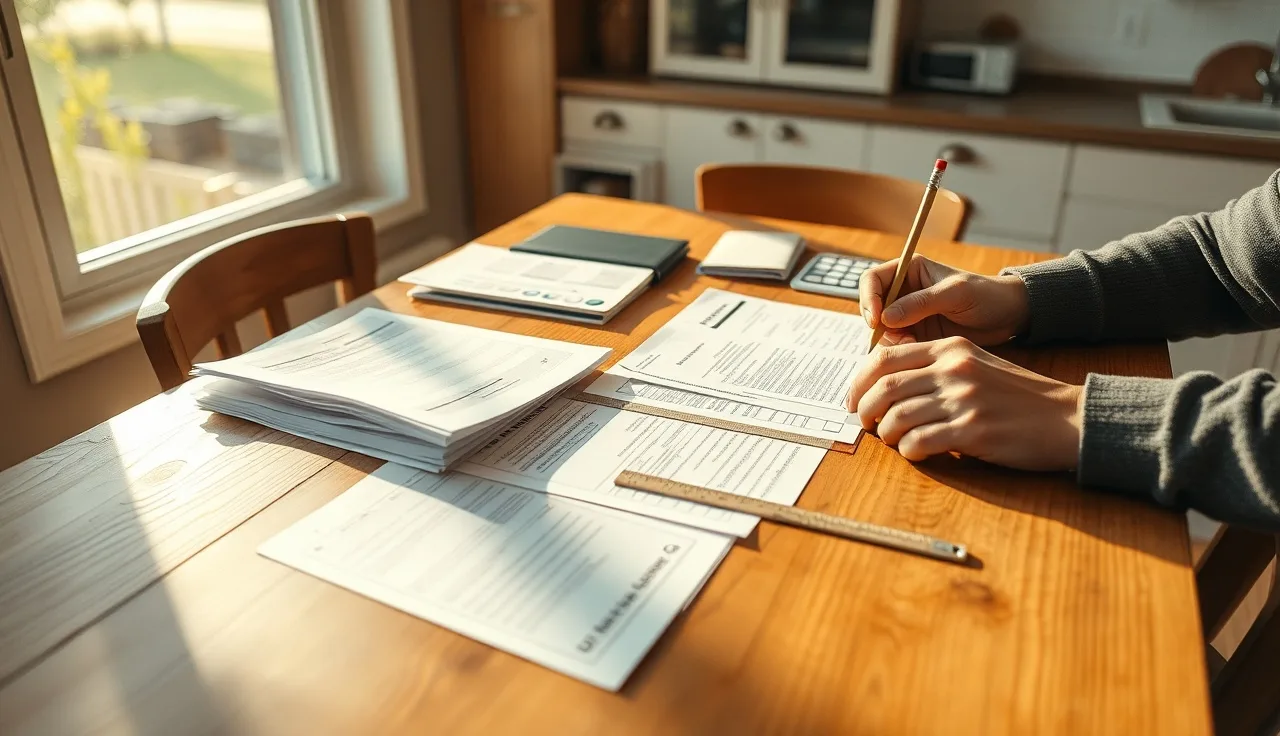 Homeowner sorting property tax appeal documents on a kitchen table in morning light