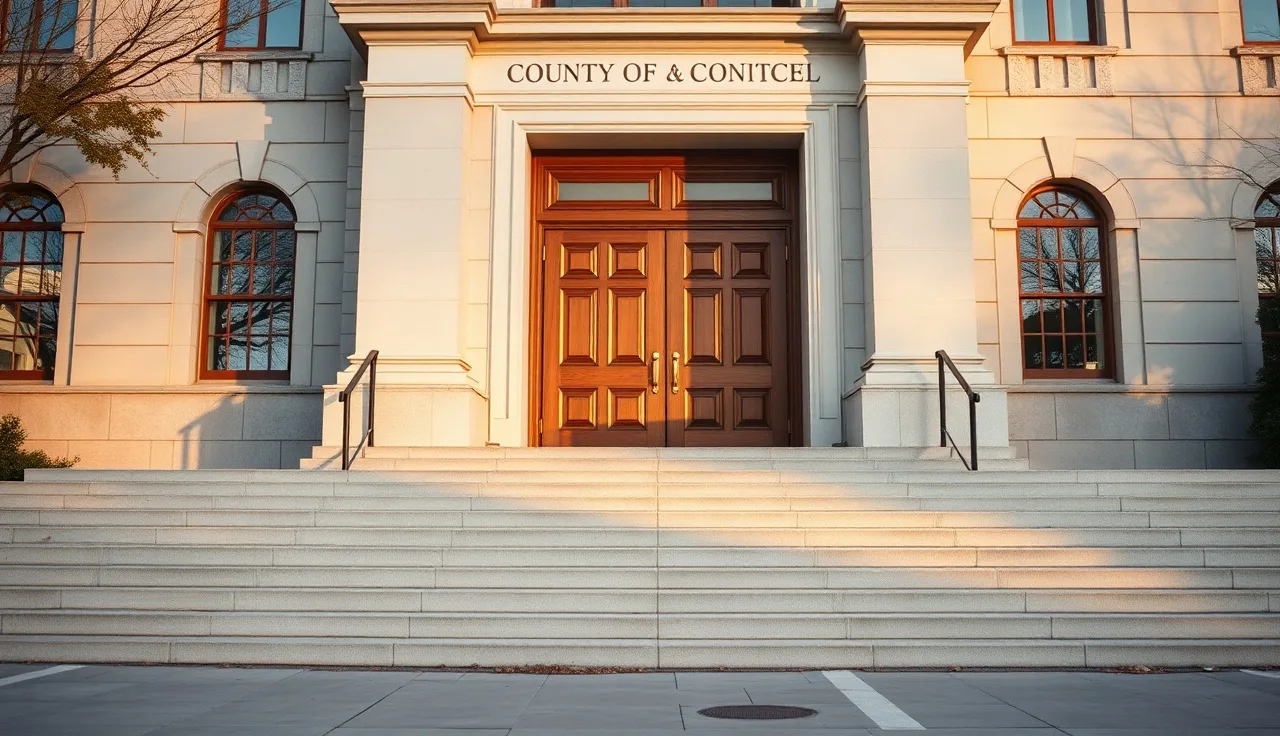 County government building exterior with stone steps, used to access property tax records