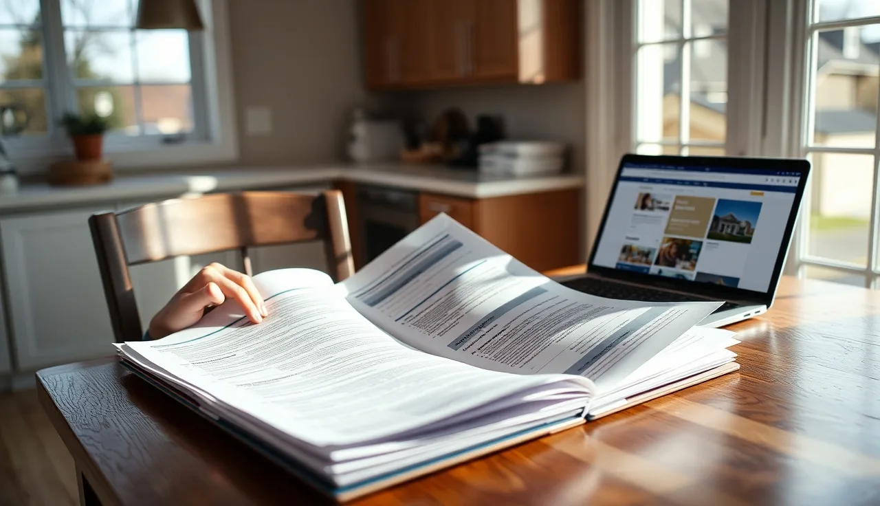 Homeowner reviewing printed property assessment records at kitchen table
