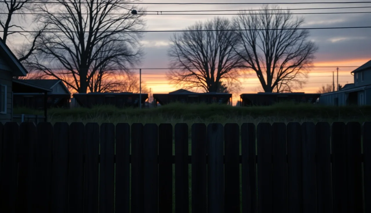 Suburban backyard with wooden fence and freight train cars visible beyond in evening light