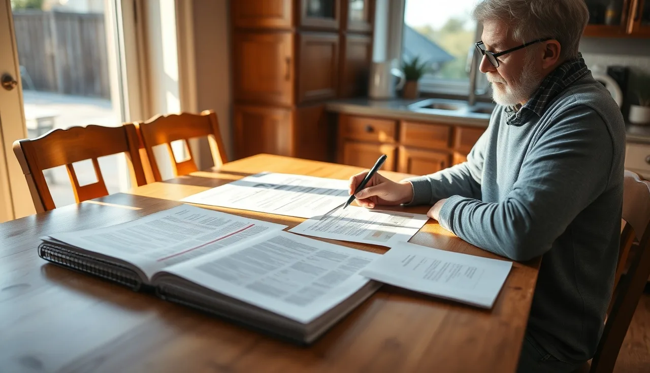 Homeowner reviewing printed property documents at a kitchen table for tax appeal