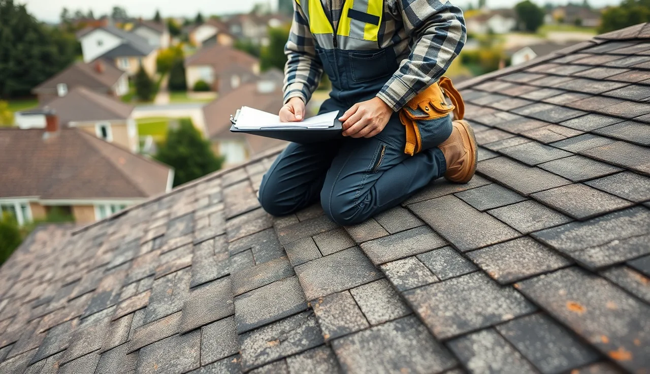 Contractor inspecting damaged roof shingles while writing a repair estimate on a clipboard