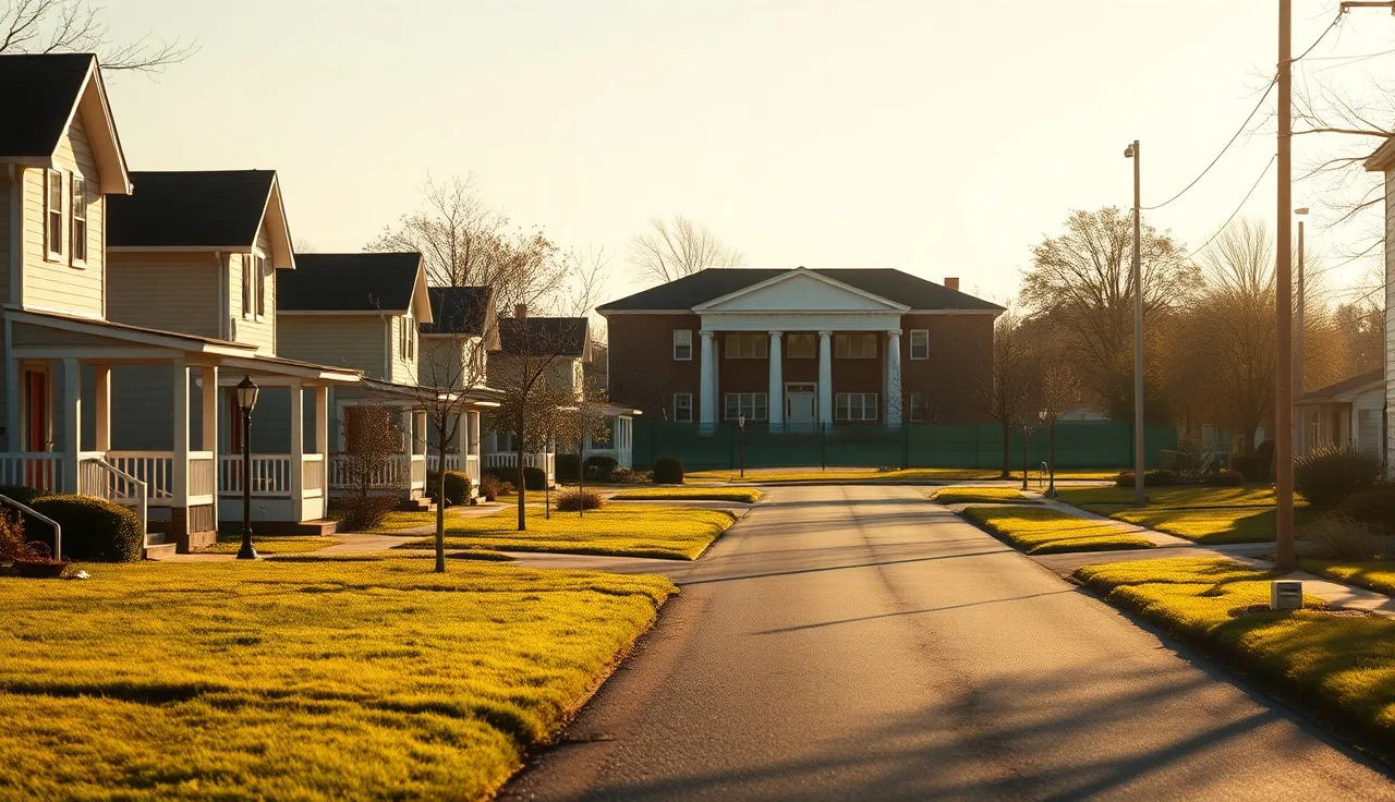 Suburban street with similar homes leading toward a public elementary school building